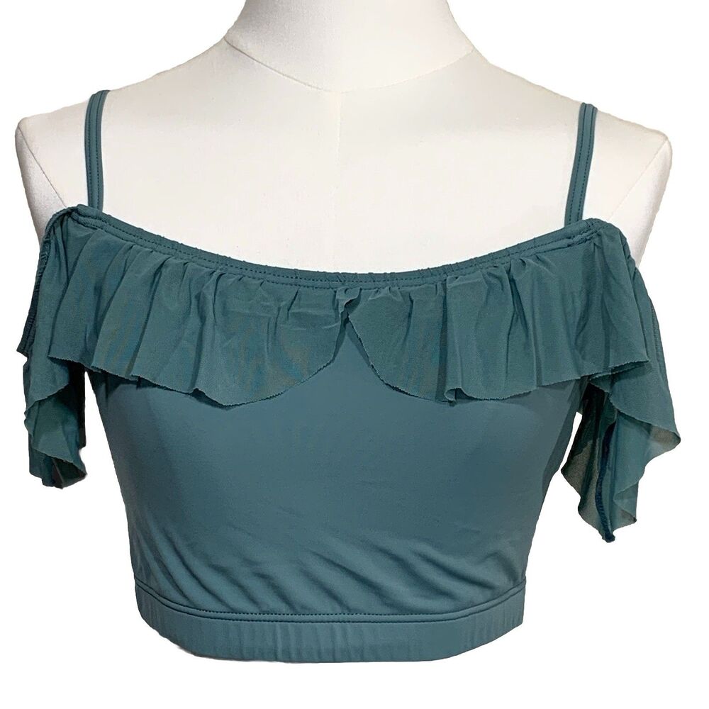 Balera Dance Crop Top Womens Small Teal Ruffle Mesh Cold Shoulder Performance